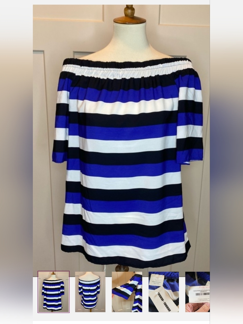 NWT Off-Shoulder Short Sleeve Striped Women’s Top in Blue, Black & White